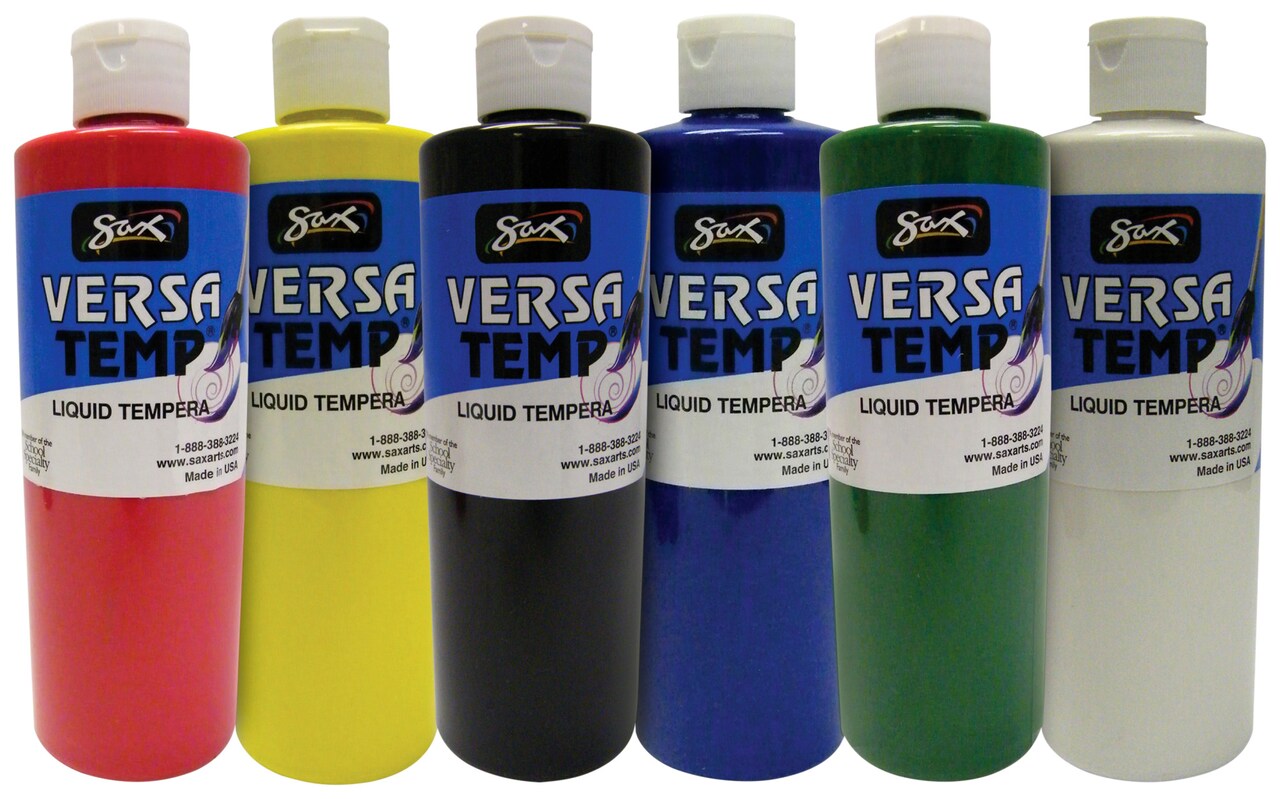 Sax Versatemp Liquid Tempera Paint, 1 Pint Bottles, Assorted Colors, Set of 6